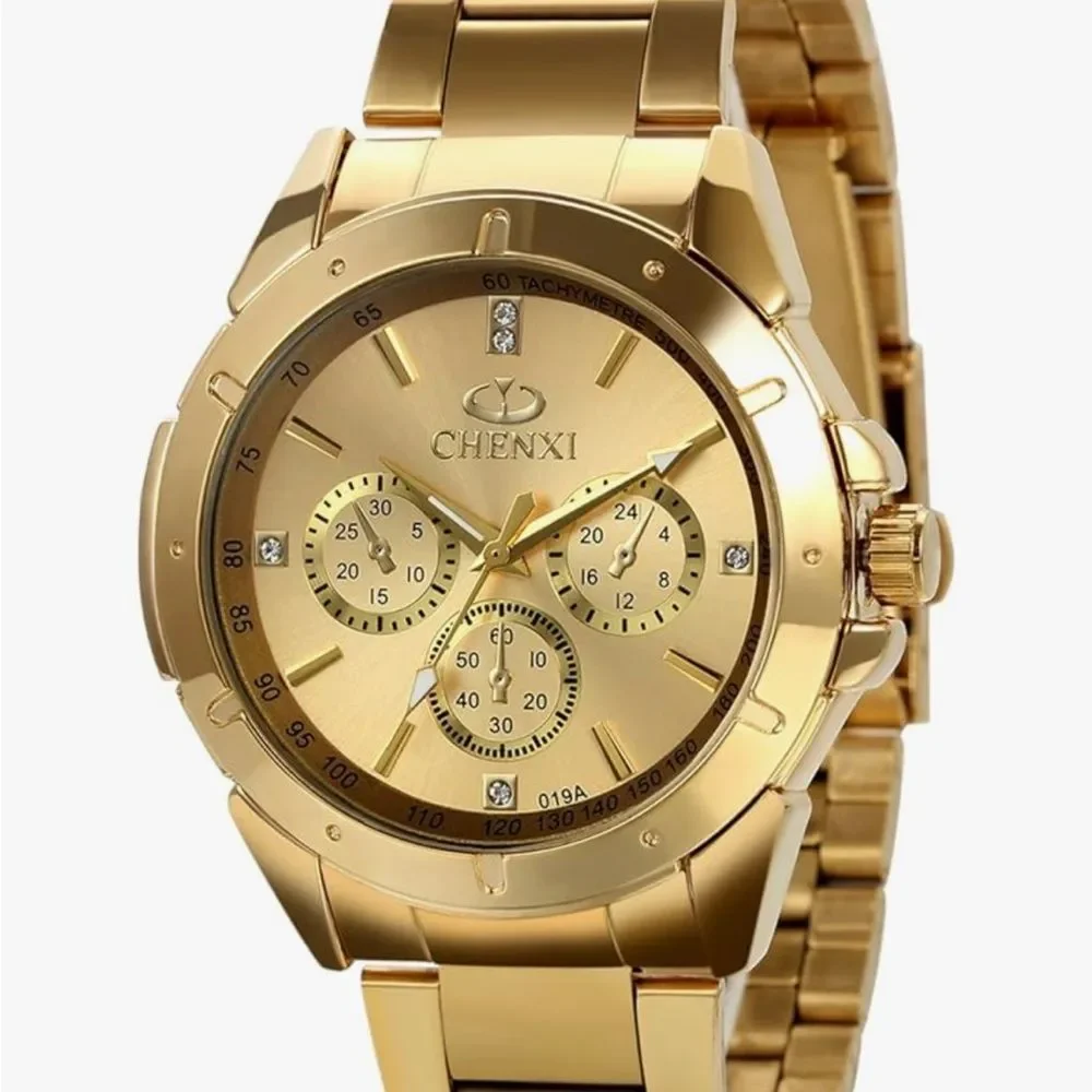 Gold Stainless Steel Luxury Watch Unisex Analog Quartz Chronographic Black Dial